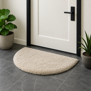 modern entryway with half moon rug